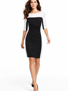 AK Anne Klein Black White Sheath Dress Ruched Side Size 4
